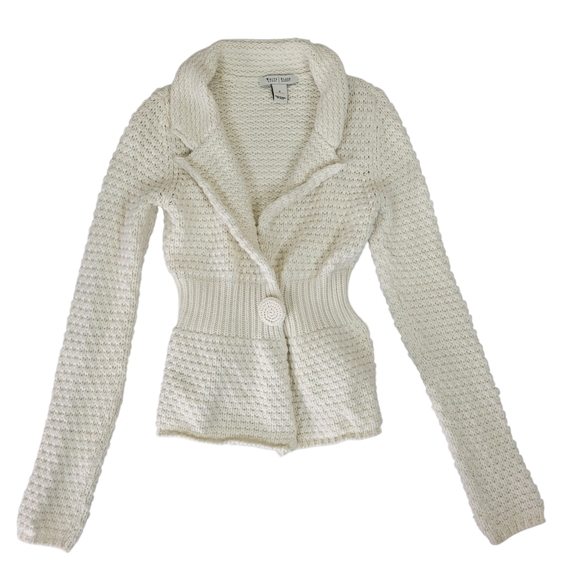 WHBM Knit Cardigan Blazer Size S Cream Fitted Crochet Covered Snap Long Sleeve - Picture 2 of 12